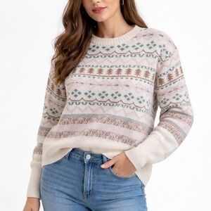 Fair Isle Pastel Knit Sweater Women’s XS Cream Pink Blue Geometric Pattern